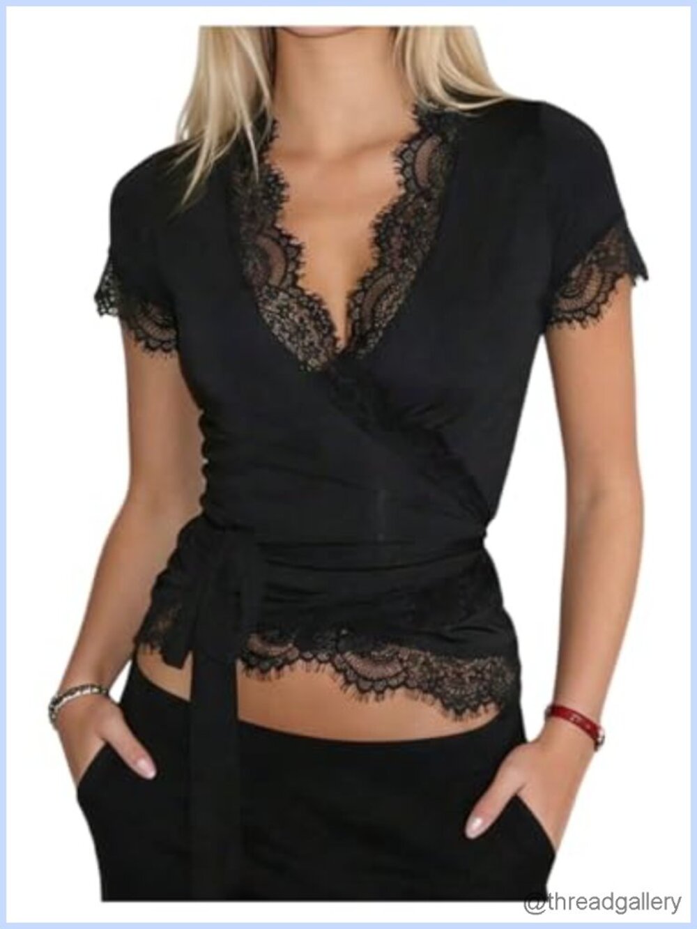 Lace Tops V Neck Cinched Wrap Shirt Going Out Outfit